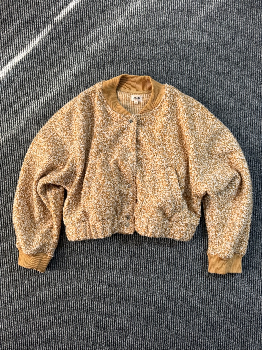 DIZZIRE Tan Curly Teddy Fleece Cropped Snap Bomber Jacket XL